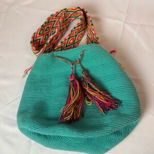 Bag Wayuu Mochila Bucket Boho Colombia Teal Multi Color Strap Tassel Tie Closure